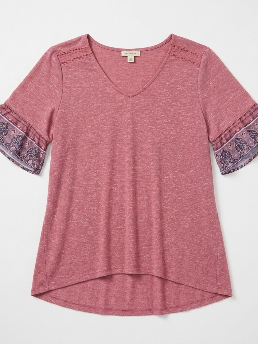 ONE WORLD Pink V-Neck Short Sleeve Top with Paisley Trim Sleeves Women's M #196